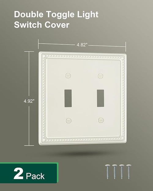 2-Pack Double Toggle Light Switch Cover Plate, Pearls Decorative Dual Switch Plate Covers, Light Almond 2 Gang Metal Wall Plate, Corrosion Resistant