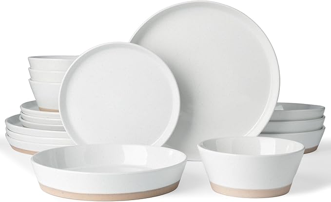 Famiware Saturn 16 Pieces Plates and Double Bowls Sets for 4, Stoneware Dinnerware Set with Pasta Bowl, Dish Set with Trim - Chip & Scratch Resistant, Microwave & Dishwasher Safe, White