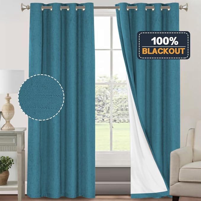 PrinceDeco Blackout Curtains for Bedroom 84" Long Thermal Insulated with White Liner Textured Linen Look Curtain Draperies, Grommet Vertical Drapes Privacy for Hall Room, 2 Panels, Blue Sapphire