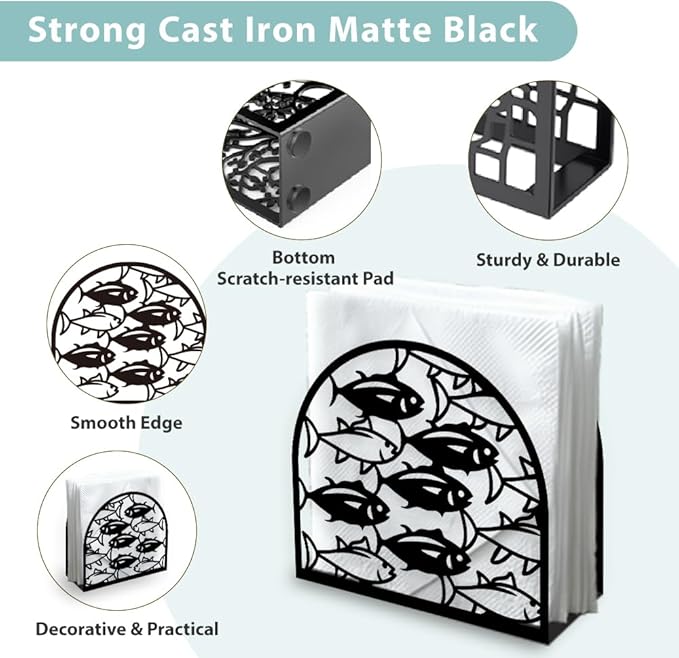 School of Fish Decorative Black Metal Napkin Holder for Table, 5.3"x4.9"x1.9" Shoal of Fish Ocean Animal Standing Napkin Holder for Home Kitchen Restaurant Picnic Coffee Bar Dining Room