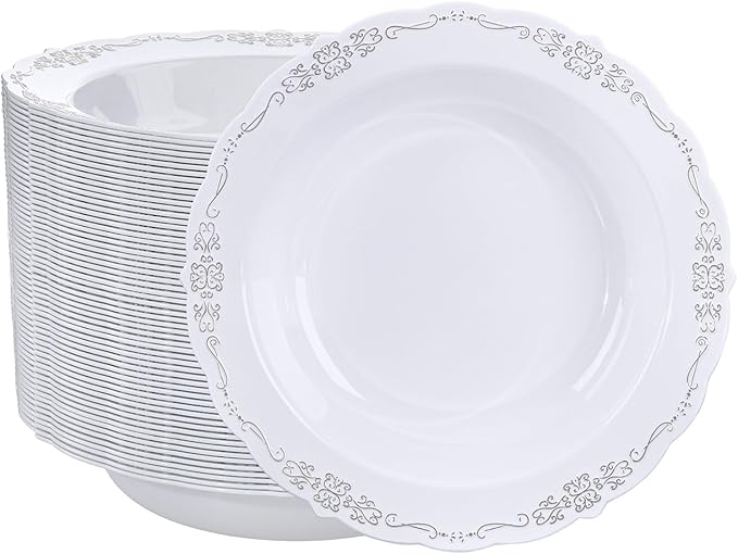DaYammi 50 Pack Plastic Bowls with Silver Rim, 12oz Disposable Soup Bowls,Silver bowls Disposable Heavy Duty Dinner Bowl for Wedding,Plastic Serving bowls for Parties,Dinners,Catering and Everyday Use