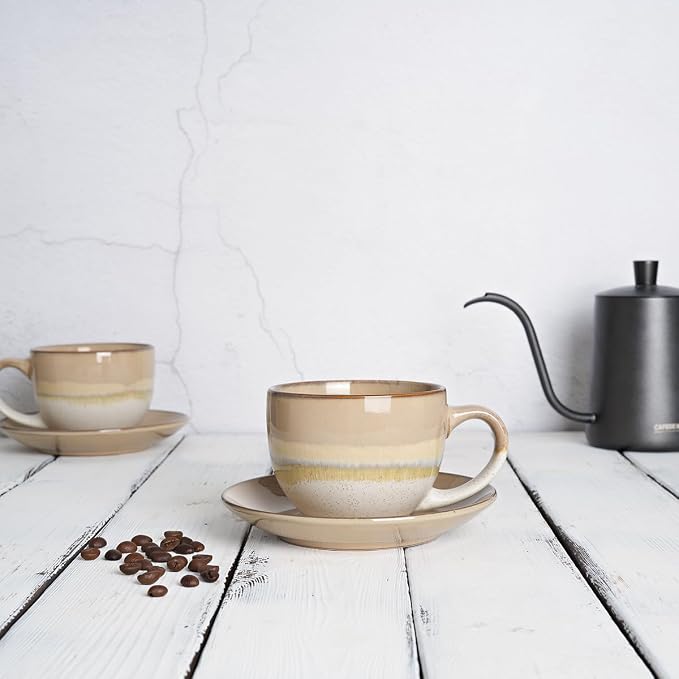 Bosmarlin Ceramic Cappuccino Cup and Saucer Set of 2, 10 Oz, Coffee Cups - Image 4