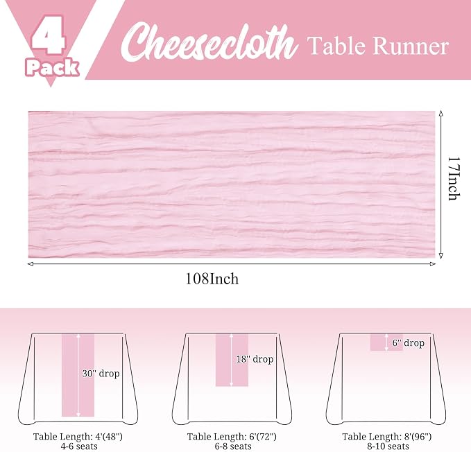 4 Pack Pink Table Runner 17 x 108inch Cheesecloth Table Runner Boho Gauze Table - Image 3