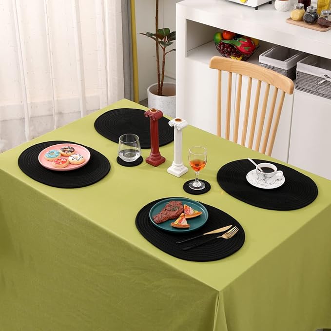 6 Pack Woven Placemats Fabric Tablemats, 12x16 inches Plate Chargers Cotton Weave Placemat Oval Braided Rattan Tablemats for Kitchen Dining Table Outdoor Party Wedding Decoration (Black)