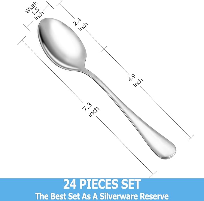 24 Pcs Dinner Spoon Set,Premium Food Grade Stainless Steel Spoons,Durable Metal Spoon,Tablespoon,Spoons Silverware Only,Mirror Finish & Dishwasher Safe,Use for Home,Kitchen and Restaurant - 7.3 inch