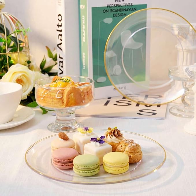 Rubtlamp 200Pcs Clear Gold Dessert Plates With Plastic Gold Forks, 100pcs 7.5inch Plates For Appetizers,100pcs 7.8inch Premium Forks Disposable, Cake Platos Disposable for Wedding