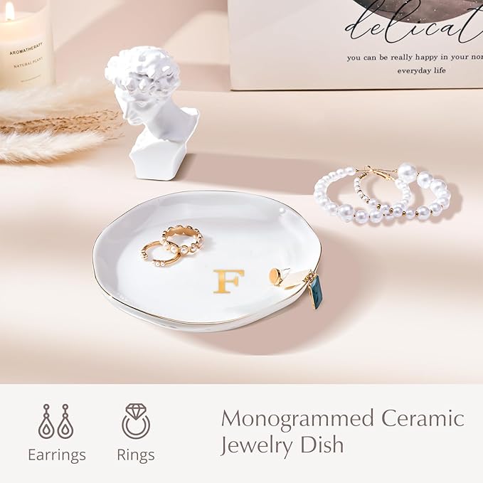 ProCase Ceramic Jewelry Tray, Initial Ring Dish Trinket Plate Engagement Gift, Small Personalized Monogram Ring Bowl for Wedding, White Decorative Jewelry Holder for Women Vanity -Letter F