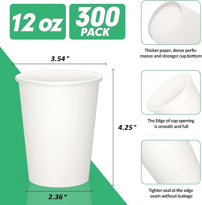 RAZCC 12 oz Paper Cups, 300 Pack 12oz Disposable Paper Coffee Cups, Coffee Cups - Image 2
