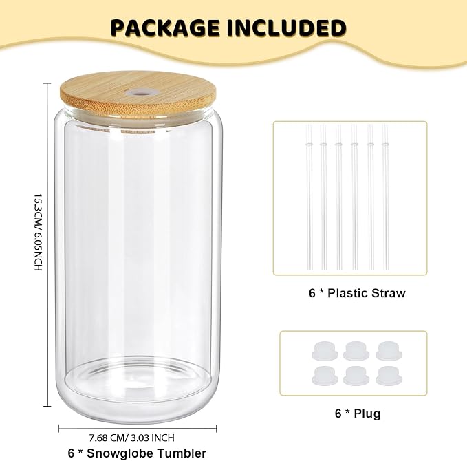 16 Oz Snow Globe Tumbler, 6 Pack Pre-Drilled Sublimation Glass Cup - Image 6