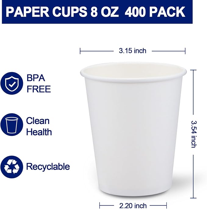 Clawsoff 400 Count Paper Coffee Cups 8 oz White Disposable Coffee Cups Bulk | - Image 2