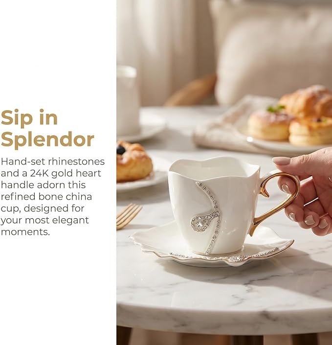 7 Oz Luxury Rhinestone Ceramic Coffee Cup and Saucer Set - Image 5