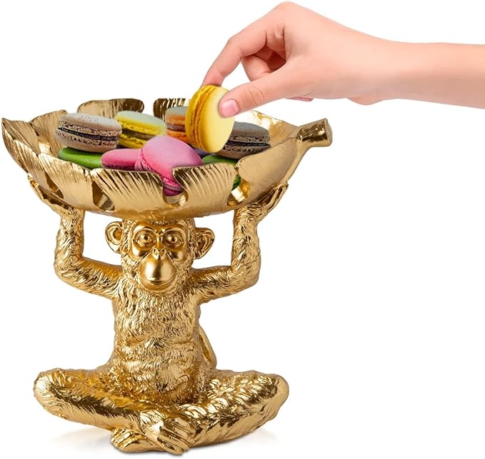 Comfify Adorable Monkey Decorative Bowl – Detailed Resin Sculpture w/Split Leaf Dish for Snacks, Nuts, Candies & More – Modern Decor Golden Finish for Keys or Jewelry