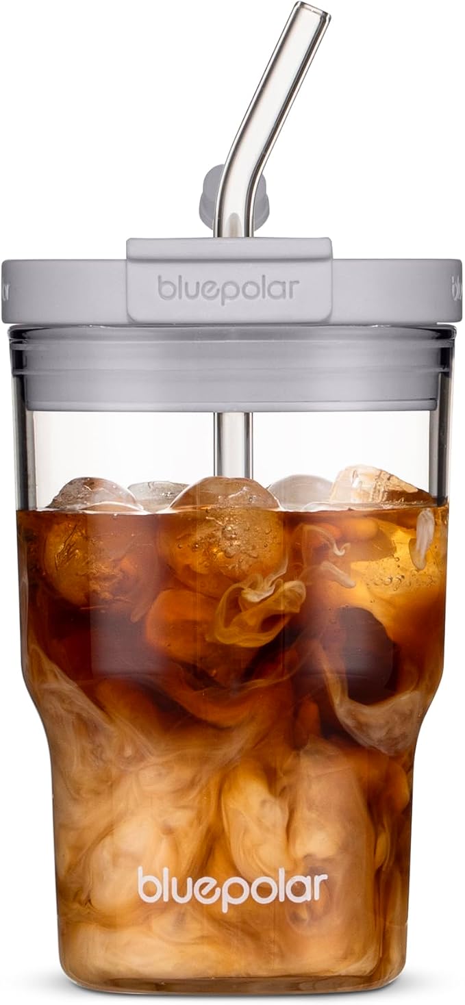 BLUEPOLAR Glass Cups with Lids and Straws, 16oz/480ml Reusable Iced Coffee by BLUEPOLAR