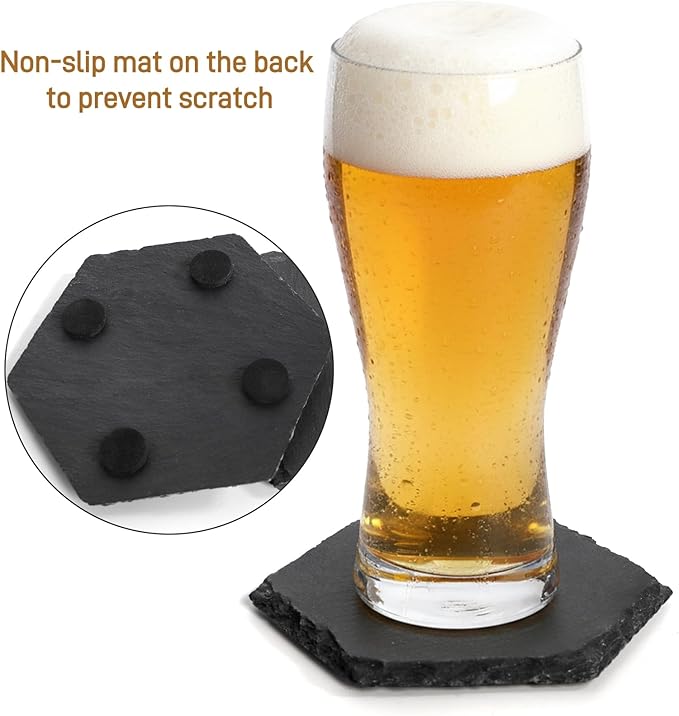 ZOOFOX 24 Pieces Slate Drink Coasters, Hexagon Black Slate Stone Coaster Bulk for Laser Engraving, Beverage Coasters with Non-Slip Bottom Mat for Home Decor, Bar, Housewarming Gifts