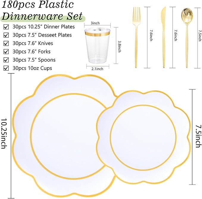 EI 180pcs White Plastic Plates with Gold Plastic Silverware,Heavy-Duty Disposable Plates for Party,White Dinnerware Set for 30 Guest Wedding,Afternoon Tea,Spring,Mother's/Valentine's Day