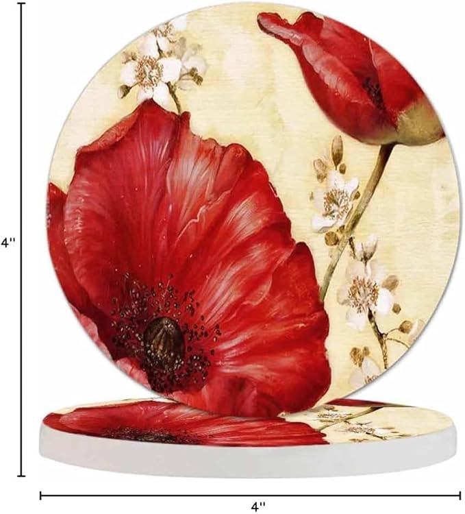 Red Poppy Drink Coaster for Tabletop Protection Beautiful Watercolor Floral Blossom Vintage Style Non-Slip Cups Place Mats Home Decor Diatomite Material for Men Women