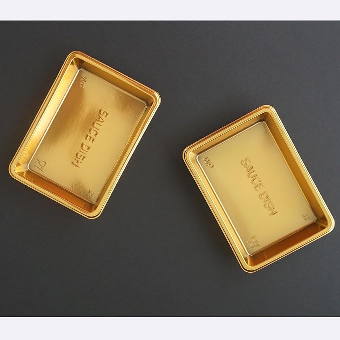 Disposable Small Sushi Tray, Plastic Mini Dipping Bowls, Tiny Serving Rectangle Plates, Soy Sauce Dishes, Seasoning Platter for Parties, BBQ, Home, Restaurant - 100PCS, Gold