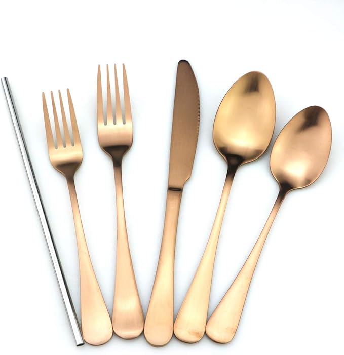 JASHII Modern Royal 5 Pcs Matte Rose Gold 18/10 Stainless Steel Utensils Cutlery Dinnerware Set w/Straw, Knife Fork and Spoon Flatware Set for Wedding Festival Christmas Party Service for 1