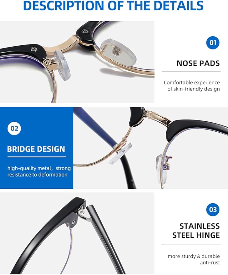SOAR&EAGLE 3 Pack Blue Light Blocking Glasses,Computer Gaming Glasses,Retro Semi Rimless UV400 Clear Lens Computer Eyewear For Men/Women (Bright black gold/Amber gold/Crystal gold)