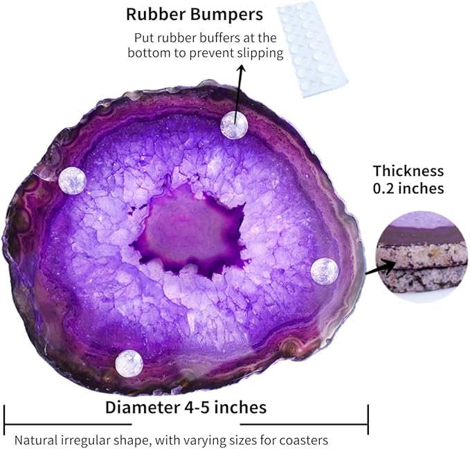 Purple Agate Slices Large Crystal Geode Coasters Set of 4 with Rubber Bumpers - Unique 4-5 Inch Dyed Stone Drink Cup Coasters for Home Decor, Coffee Table, Bar Accessories