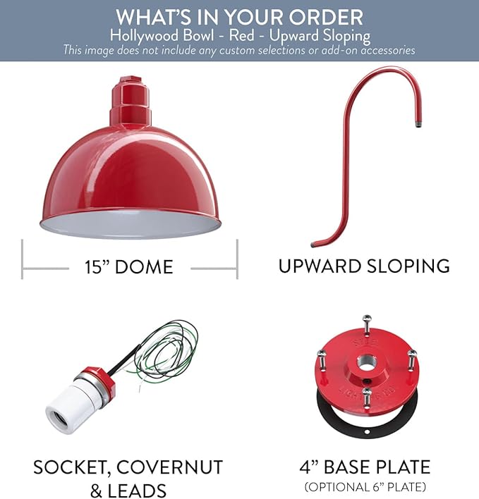 Steel Lighting Co. Hollywood Bowl Light | Outdoor Wall Mounted | 15 inch Bowl Dome | Upslope Gooseneck | Barn Light Made in America | Red Exterior/White Interior