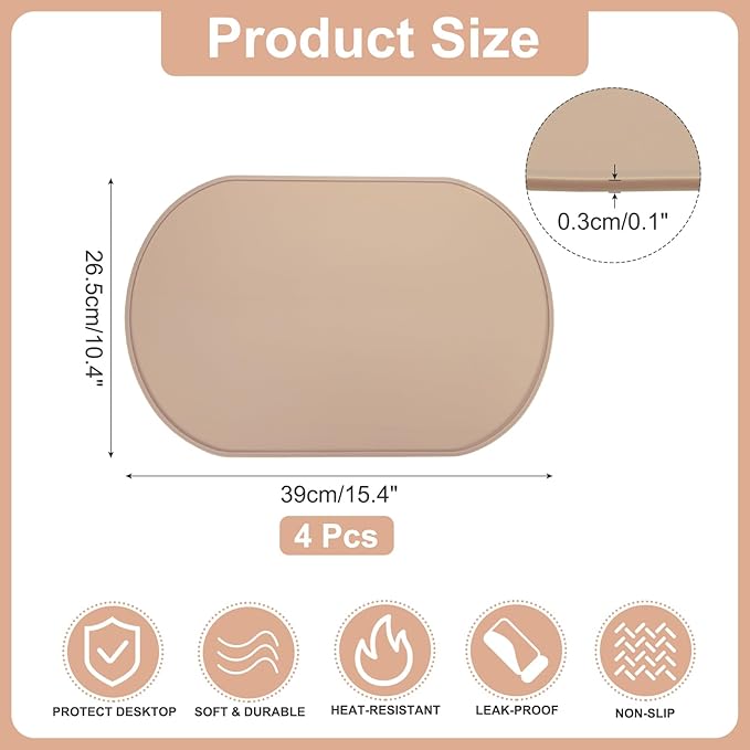 uxcell 4 Pcs Oval Silicone Placemat, 15.4" x 10.4" Non-Slip Washable Table Placemats Heat Resistant Waterproof Mat with High Edge for Table Kitchen Desk Protection, Brown Red