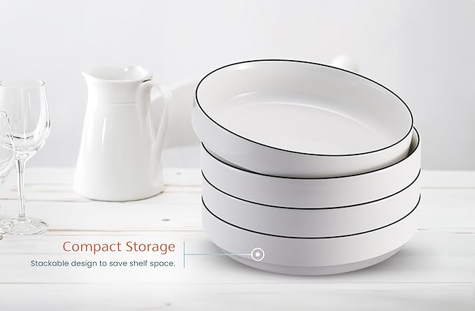 KooK Ceramic Large Pasta Bowls, Microwave and Dishwasher Safe, Great for Soups and Salads, Shallow Serving Bowls, Glossy Porcelain, 47 oz, Set of 4, French