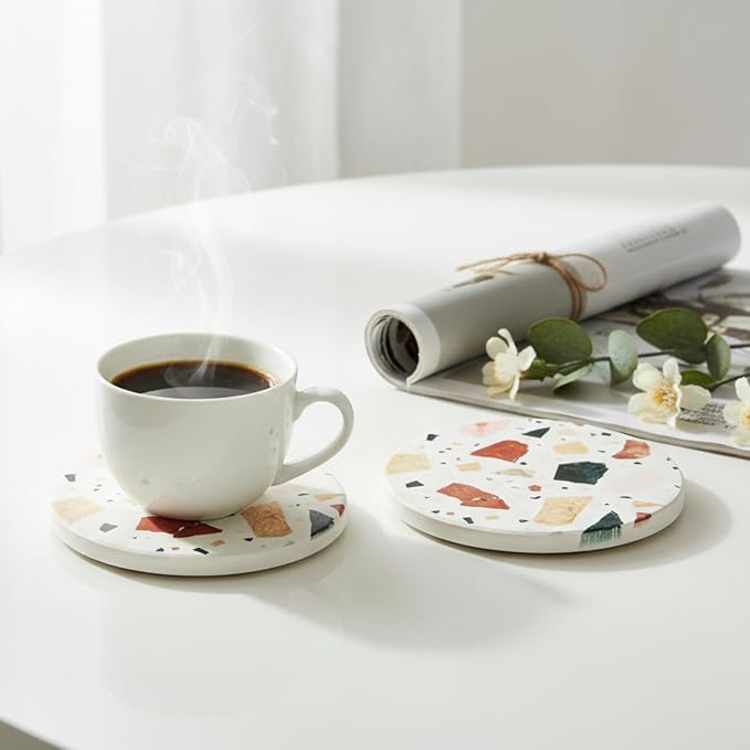 Terrazzo Coasters Set of 6, Colorful Boho Absorbent Ceramic Coasters | Speckled - Image 12