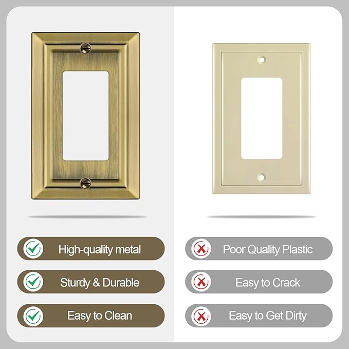 Metal Wall Plate for Electrical Outlets, Decorative Antique Brass Switch Plates Outlet Cover, Light Switch Cover Plate, 1-Gang Wall Plates (Single Decoretor, 6 Pack)