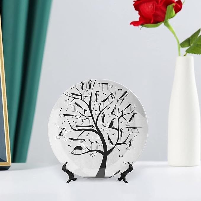Decorative Plates, Abstract Print Ornament, Monochrome Autumn Season Tree with Dog on The Branches, 10 Inch, 1 Plate with 1 Display Stand, Black and White