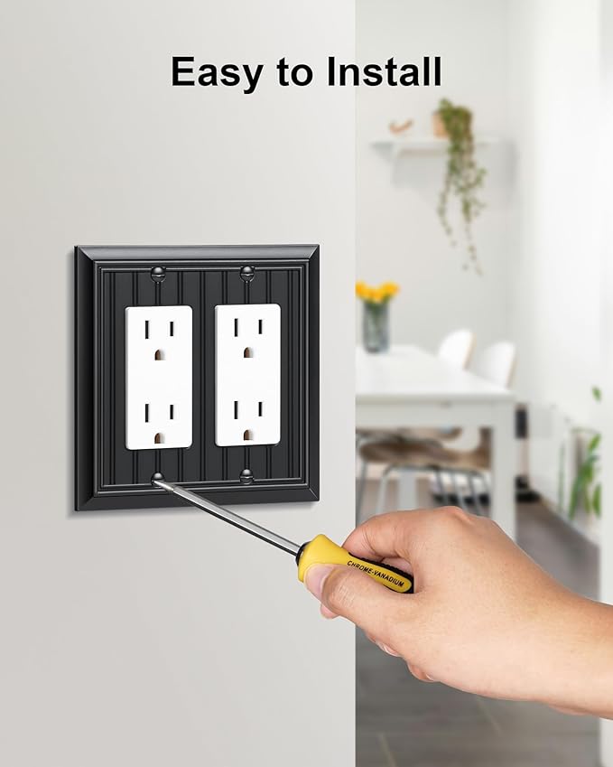 2-Pack Classic Beadboard Decorative Double Decorator Outlet Cover Plate, Matte Black Durable Natural Bamboo Fiber Wall Plates for Electrical Outlets, Receptacle, GFCI Outlet, Dimmer Switch, 2-Gang