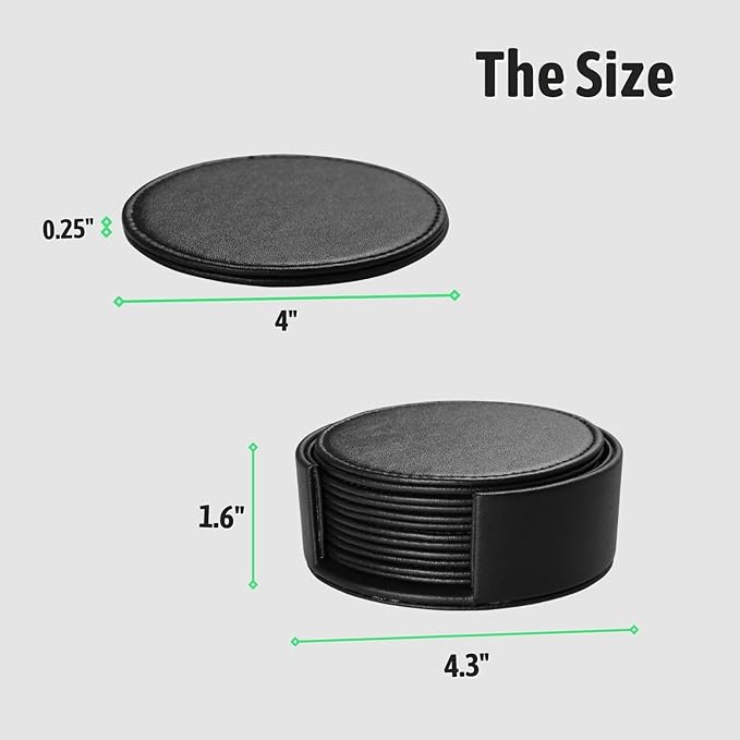 Drink Coasters with Holder, 4" Leather Coasters for Drinks Set of 6 for Tabletop Protection, Elegant Home Decor & Handmade Housewarming Gift - Black