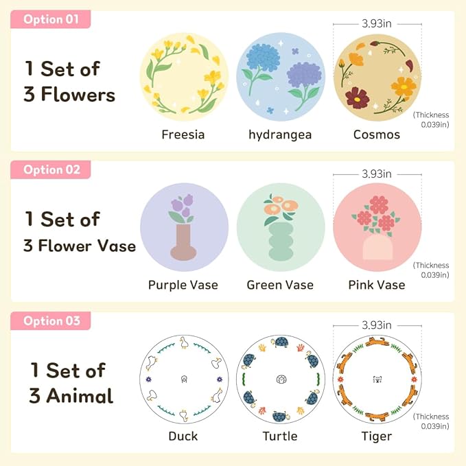 FLT Silicone Colorful Coaster Set of 3, Non-Slip Drink Mat, Cute and Unique Printed Design (Made in Korea) (Pastel - Vase)