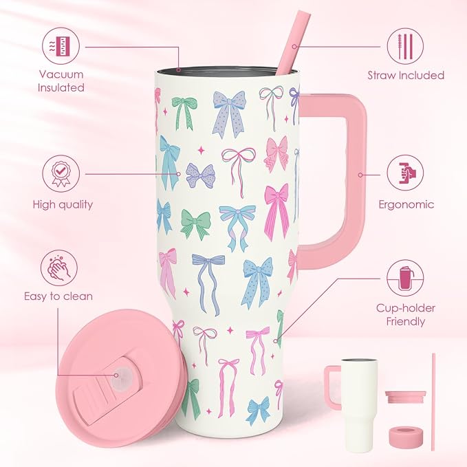 SANDJEST Bow 40oz Tumbler With Handle and Straw, Insulated Stainless Steel - Image 2
