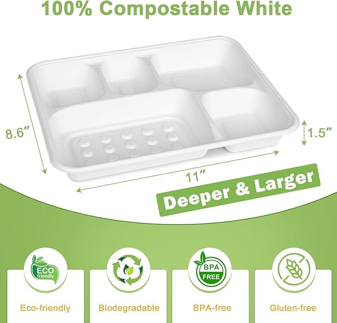 Compostable 5 Compartment Paper Plates Disposable, 11 * 8.6 inch, [50-Pack] Heavy Duty Plates with Deep Dividers, Sturdy School Lunch Trays, White Large Paper Dinner Plates for Buffet Party