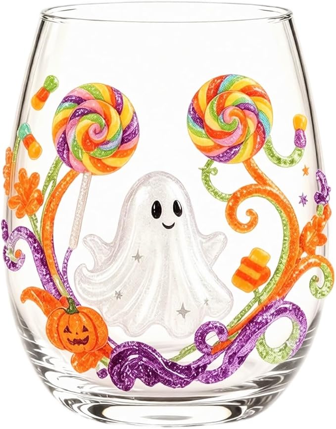 Halloween Printed Glass Cup, Ghost Pumpkin Themed Handleless Drinking Tumbler - Image 2