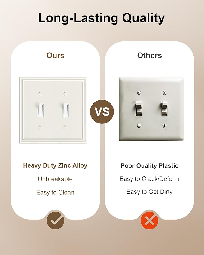 2-Pack Double Toggle Light Switch Cover Plate, Durable Solid Zinc Alloy Decorative Dual Switch Plate Covers, Light Almond 2 Gang Wall Plate, Corrosion Resistant