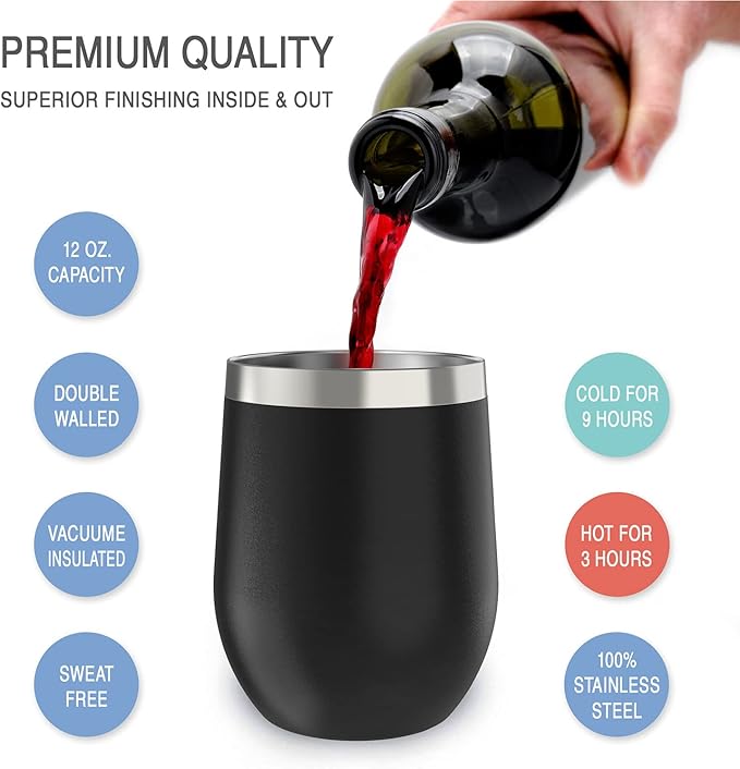 CHILLOUT LIFE 12 oz Stainless Steel Wine Tumbler with Lid - Double Wall Vacuum Insulated Wine Cup Glass Keeping Cold & Hot for Coffee, Champagne, Cocktails, Ice Cream - Powder Coated Black