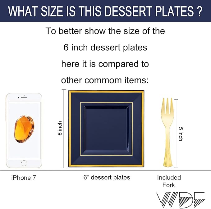 WDF 200PCS Blue Plastic Dessert Plates with Plastic Forks -6’’ 100 Square Disposable Appetizer Plates Small Cake Plates with Gold&100 Navy Blue Small Appetizer Forks for Party Wedding Birthday