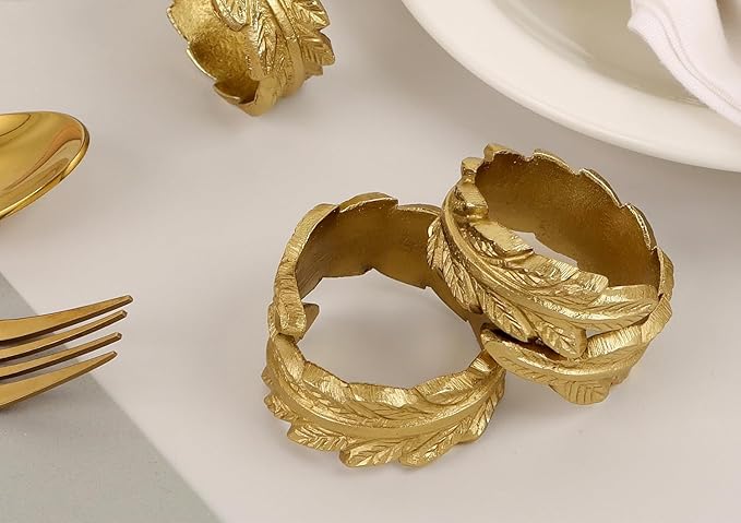CLEENTABLE Gold Leaf Napkin Rings Set of 12 - Round Metal Napkin Holders for Dining Table Settings - Elegant Leaf Design for Weddings, Parties, Holiday Décor, Family Dinners & Special Occasions