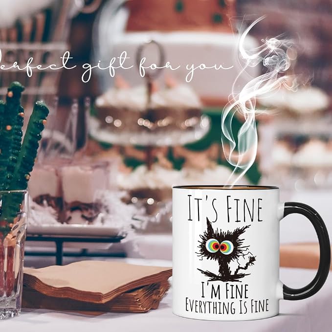 FALJIOK I'm Fine Everything is Fine Coffee Mug 11oz Funny Sarcastic Cat Mug - Image 4