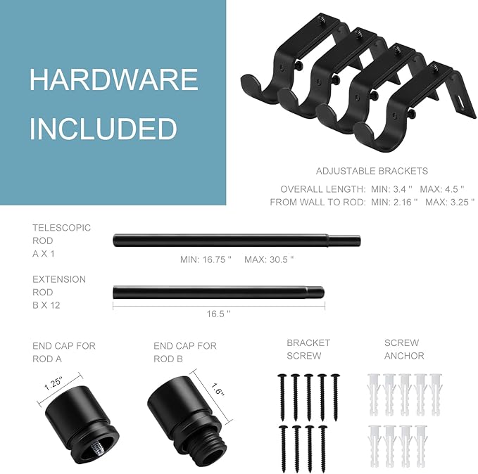 Curtain Rods for Windows 16 to 200 Inches Adjustable Length 1 Inch Diameter Window Curtain Rod with Aluminium Finials, Black