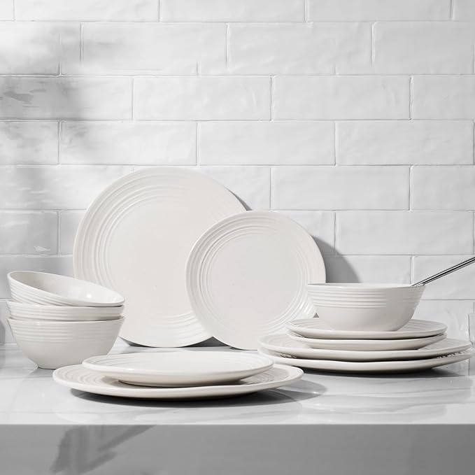 Famiware Plates and Bowls Sets 24-Piece Stoneware Dinnerware Sets, Dishes Set for 8, Speckled Hand-made Reactive Glaze Dish Set, Twilight Series, White