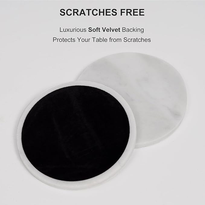 Carrara White Marble Coasters Set of 6 with Holder, Elegant Modern Round White Marble Drink Coasters for Coffee Table Decor, Semi Absorbent Stone Coaster for Drinks, Velvet Backed