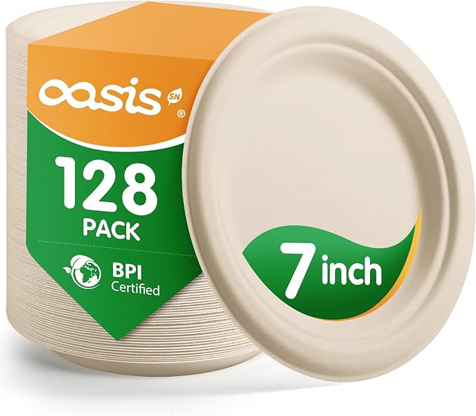 7 Inch 128 Pack Compostable Disposable Paper Plates, Heavy Duty Sugarcane Bagasse Plates, Biodegradable Eco-Friendly for Snacks & Parties, Unbleached Natural