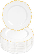 100 Pcs White & Gold Dessert Plastic Plates 7.5" Cake Disposable Plates | White by Conflech