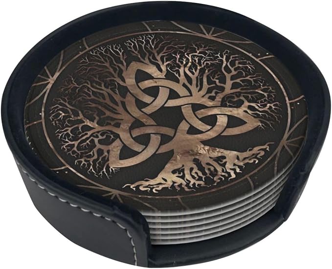 Drink Coasters with Holder Stand Set of 6, Tree of Life Copper Pu Leather - Image 6