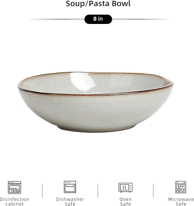 Organic Shape Highland Ceramic Soup/pasta Bowl, 6pcs Reactive Glaze 8inch Bowls with Wavy Edge, for Kitchen, Microwave & Dishwasher Safe, Scratch Resistant-grey