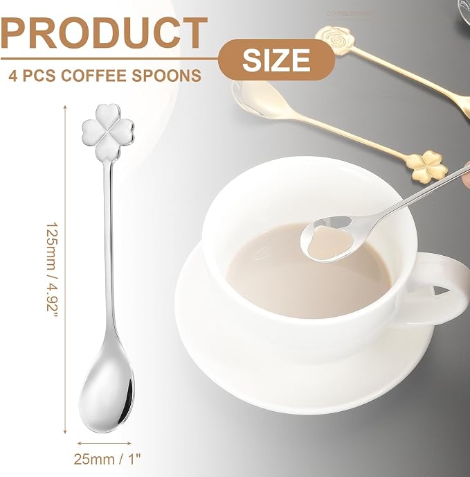 PATIKIL 4pcs Coffee Spoons, Four Leaf Grass Tea Spoons 304 Stainless Steel - Image 2