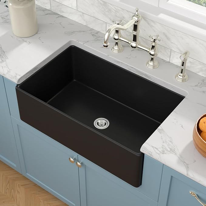 Sarlai Black Farmhouse Sink - 33 Inch Kitchen Sink Apron Front Matte Black Fireclay Ceramic Porcelain Single Bowl Kitchen Farmer Sinks Basin